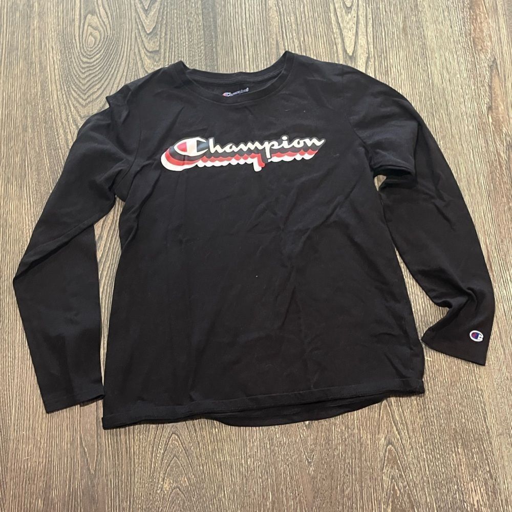 Champion Tee Shirt Long Sleeves Logo Graphic Print Crew Neck Pullover Black L